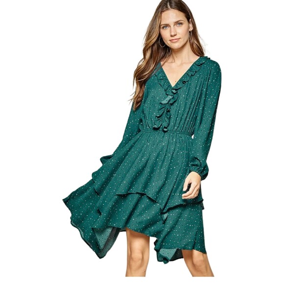 Andree by Unit long sleeve tiered dress teal green printed size large - Picture 2 of 12